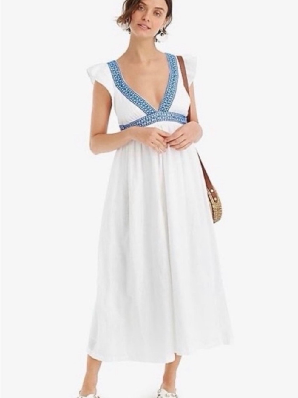 J. Crew Linen Blend White Coastal Maxi Dress with Blue Embroidery Ruffle Small